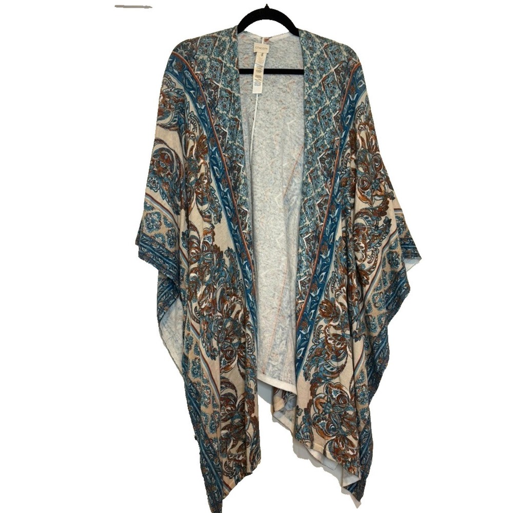 Chico's shawl poncho shoulder wrap sz XL tall blue‎ floral 57% cotton 1901